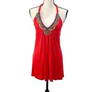 CABLE & GAUGE Red Bohemian Beaded rope halter top size small
